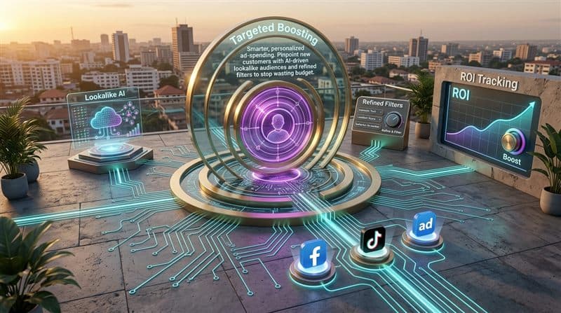 Targeted boosting explainer with lookalike audiences and ROI tracking over the Accra skyline
