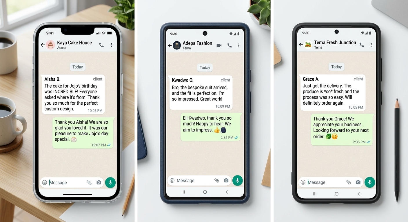 WhatsApp replies from Kaya Cake House, Adepa Fashion and Tema Fresh Junction thanking Ads & More